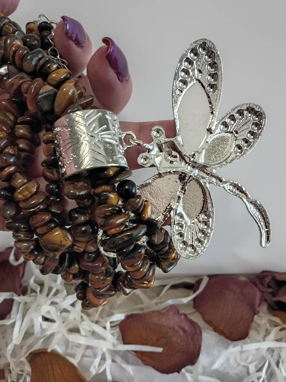 JTV Brown Tiger Eye Multi-Strand Necklace with Silver Dragonfly Pendant